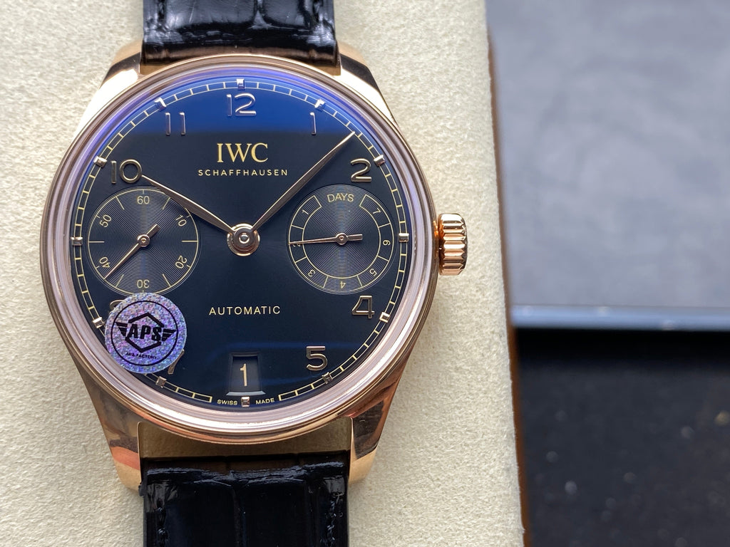 PORTUGIESER AUTOMATIC 42 WATCH ROSE GOLD CASE WITH BLACK DIAL AND LEATHER STRAP
