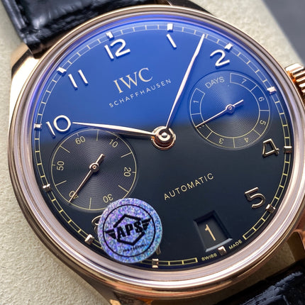PORTUGIESER AUTOMATIC 42 WATCH ROSE GOLD CASE WITH BLACK DIAL AND LEATHER STRAP