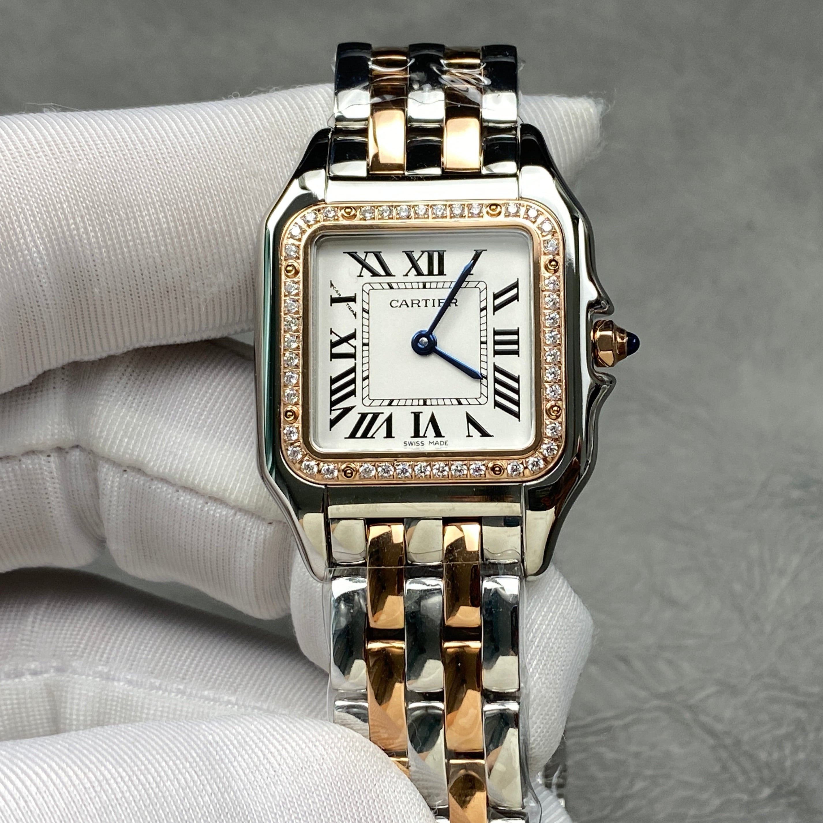 CARTIER PANTHÈRE MEDIUM WATCH GOLD PINK AND SILVER CASE WITH CRYSTALS