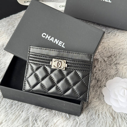 LEBOY CARD HOLDER 11 IN BLACK GRAINED CALFSKIN SILVER-TONE HARDWARE