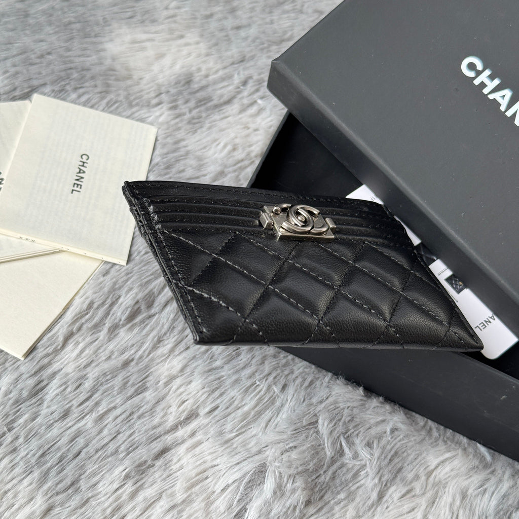 LEBOY CARD HOLDER 11 IN BLACK GRAINED CALFSKIN SILVER-TONE HARDWARE