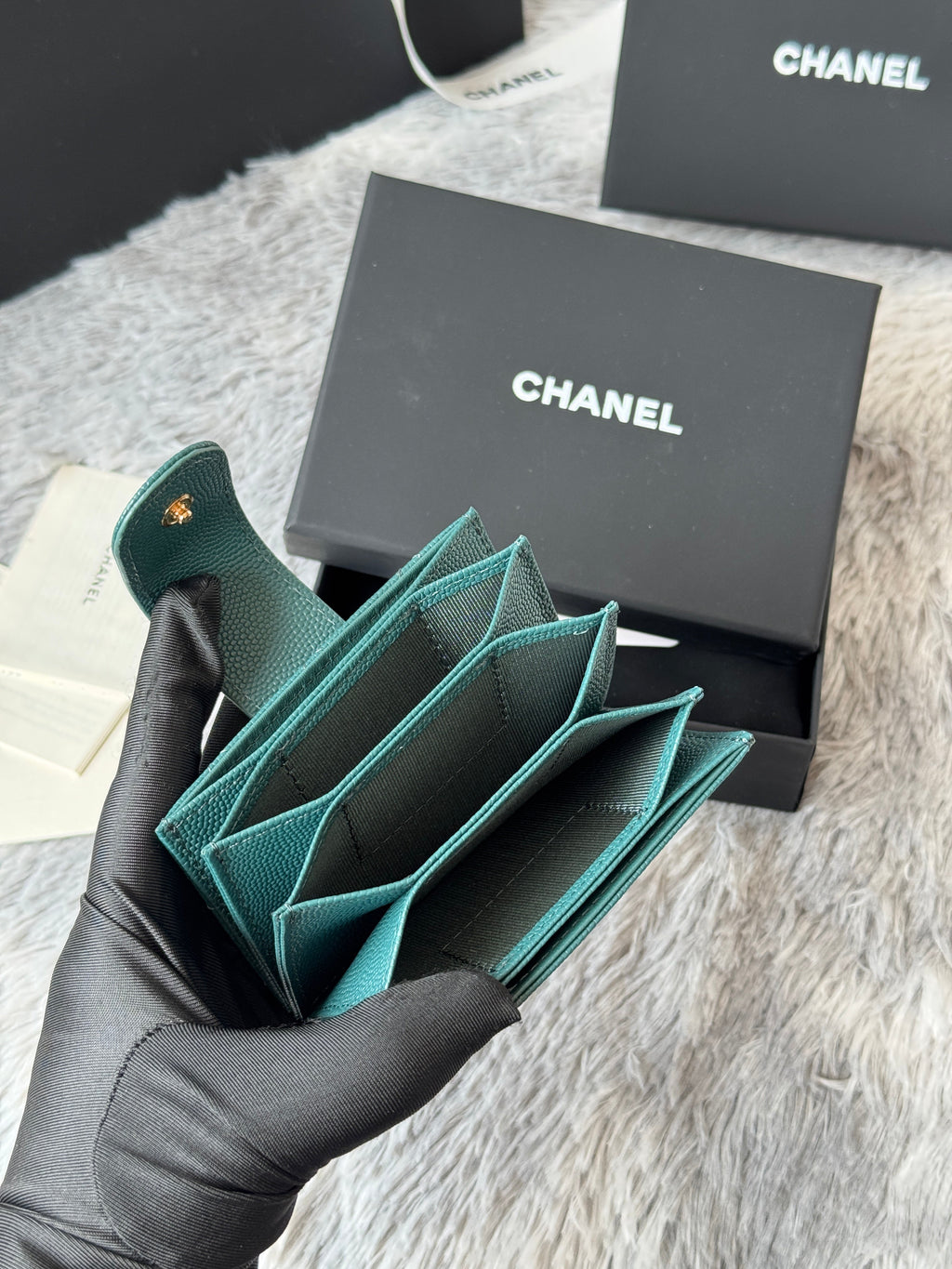 CARD HOLDER 10 CIRCLE CLASP IN NEPTUNE GREEN CAVIAR LEATHER GOLD-TONE METALLIC