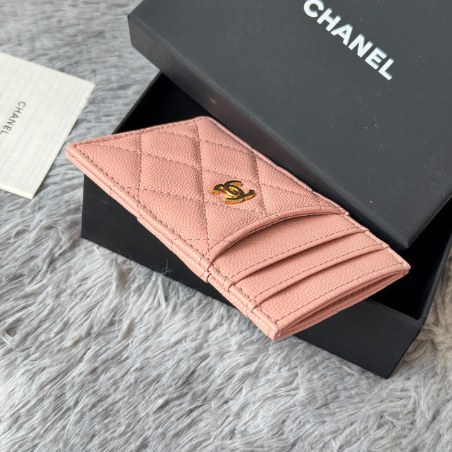 CLASSIC VERTICAL CARD HOLDER 14 IN TONYS PINK GRAINED CALFSKIN GOLD-TONE METALLIC
