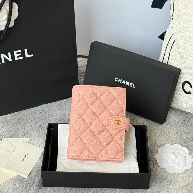 CHANEL 25S MULTI PURPOSE PASSPORT WALLET 15 IN PEACH PINK CALFSKIN GOLD HARDWARE