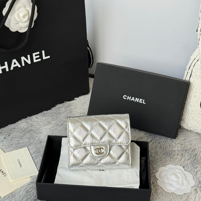 CHANEL 25S CF SMALL TRI FOLD WALLET 11 IN SILVER CAVIAR GOLD HARDWARE