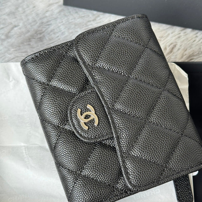 CHANEL 25S CF SMALL TRI FOLD WALLET 11 IN BLACK CAVIAR SILVER HARDWARE