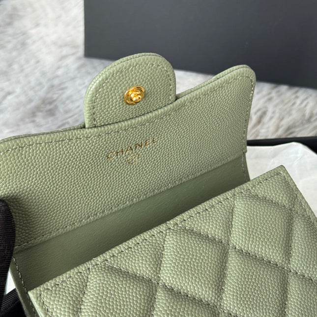 CHANEL 25S CF SMALL TRI FOLD WALLET 11 IN MOSS GREEN CAVIAR GOLD HARDWARE
