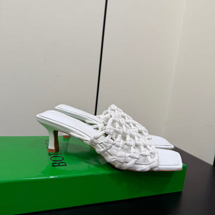 BOTTEGA VENETA 26S WOVEN STRAP HIGH-HEEL SANDALS 55 MM IN WHITE LAMBSKIN