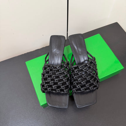 BOTTEGA VENETA 26S WOVEN STRAP HIGH-HEEL SANDALS 55 MM IN BLACK LAMBSKIN
