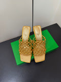 BOTTEGA VENETA 26S WOVEN STRAP HIGH-HEEL SANDALS 85 MM IN GOLD LAMBSKIN