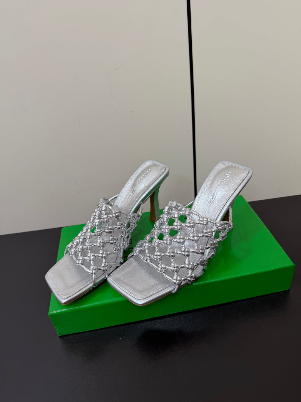BOTTEGA VENETA 26S WOVEN STRAP HIGH-HEEL SANDALS 85 MM IN SILVER LAMBSKIN