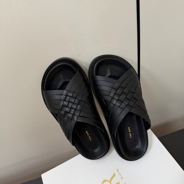THE ROW 26S CROSS STRAP SANDALS IN BLACK CALFSKIN