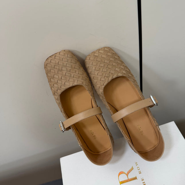 THE ROW 26S MARY JANE BALLET FLATS IN BEIGE SUEDE AND CALFSKIN
