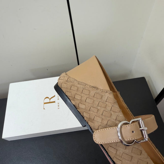 THE ROW 26S MARY JANE BALLET FLATS IN BEIGE SUEDE AND CALFSKIN
