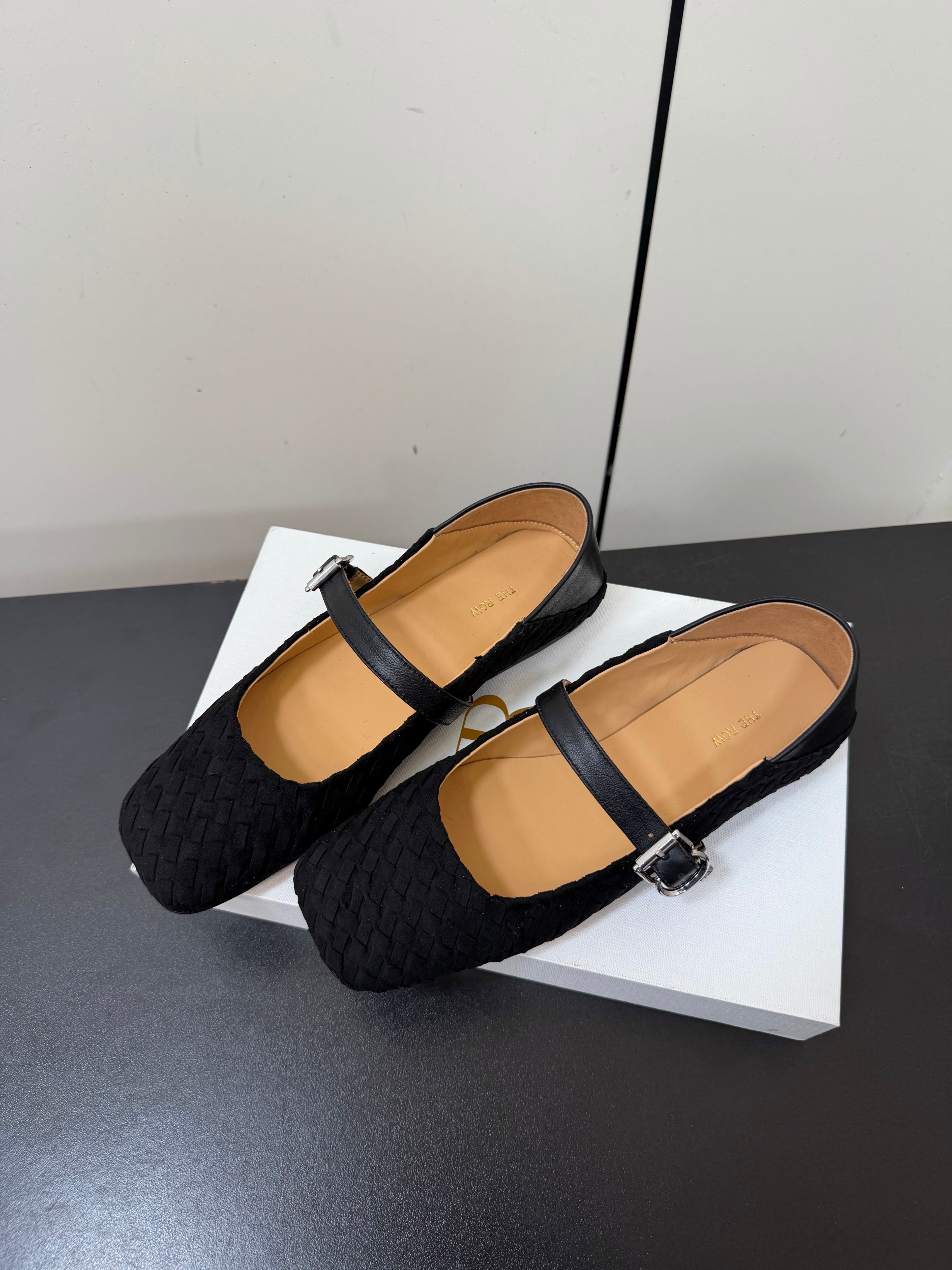 THE ROW 26S MARY JANE BALLET FLATS IN BLACK SUEDE AND CALFSKIN