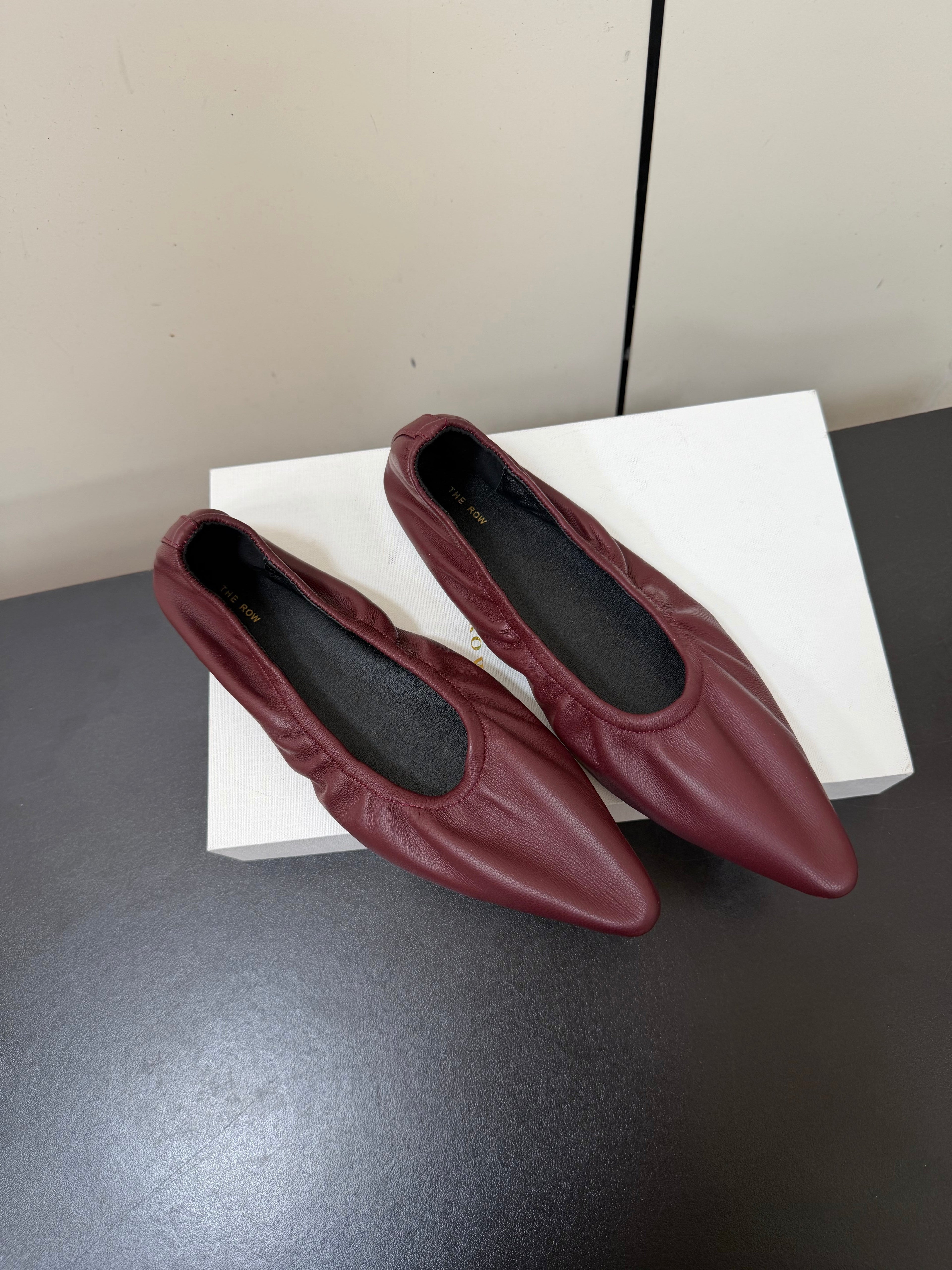 THE ROW 26S POINTED TOE BALLET FLATS IN WINE RED LAMBSKIN