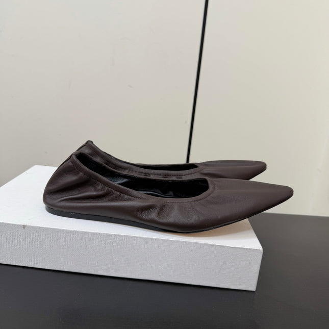 THE ROW 26S POINTED TOE BALLET FLATS IN CHOCOLATE BROWN LAMBSKIN