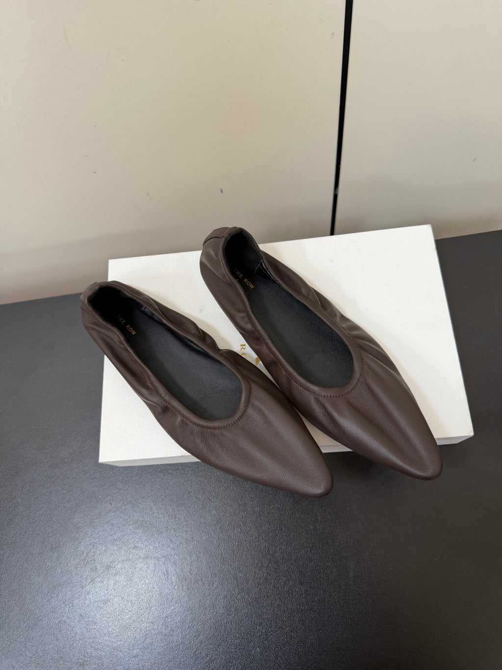 THE ROW 26S POINTED TOE BALLET FLATS IN CHOCOLATE BROWN LAMBSKIN