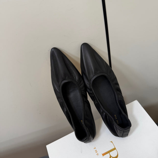 THE ROW 26S POINTED TOE BALLET FLATS IN BLACK LAMBSKIN