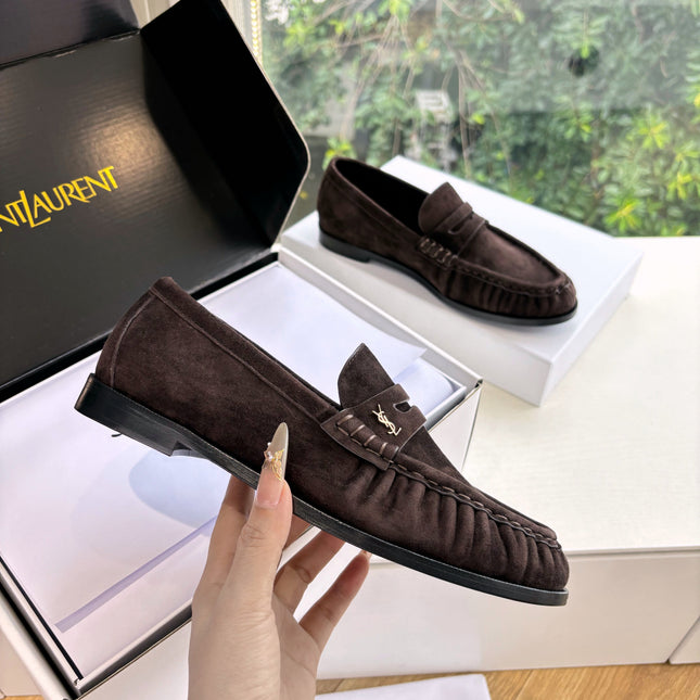 YSL 25S LOAFERS IN DARK BROWN SUEDE