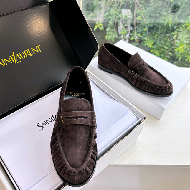 YSL 25S LOAFERS IN DARK BROWN SUEDE