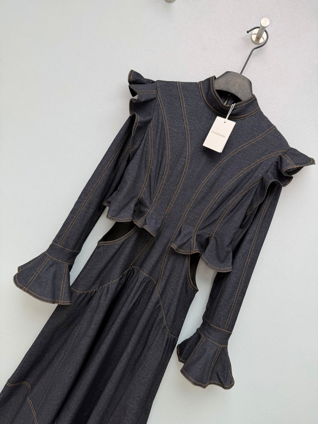 ZIMMERMANN 26S RUFFLED DENIM CUT-OUT MIDI DRESS STYLE 69