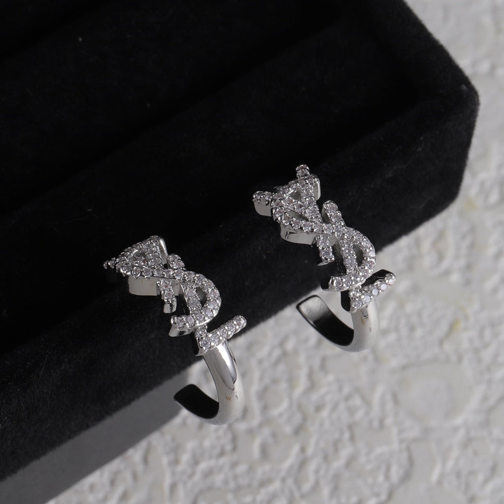 YSL 26S CRYSTAL LOGO HOOP EARRINGS IN SILVER TONE METAL 629139