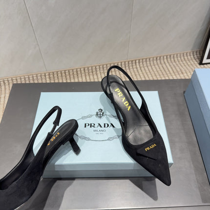PRADA 26S POINTED TOE SLINGBACK HIGH HEELS 55MM IN BLACK SUEDE WITH LOGO