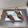 PRADA 26S POINTED TOE SLINGBACK HIGH HEELS 55MM IN BROWN SUEDE WITH LOGO