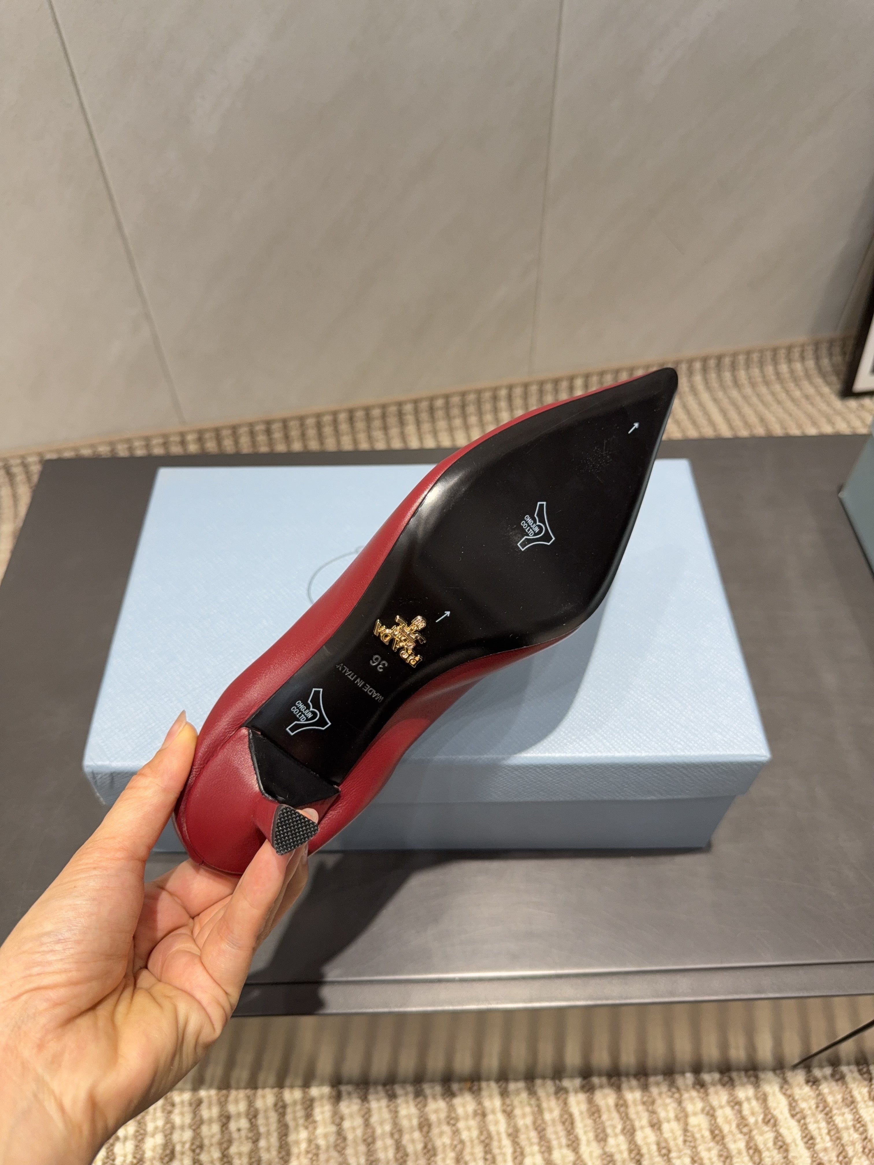 PRADA 26S POINTED TOE PUMPS 55MM IN DEEP WINE RED SHEEPSKIN WITH LOGO