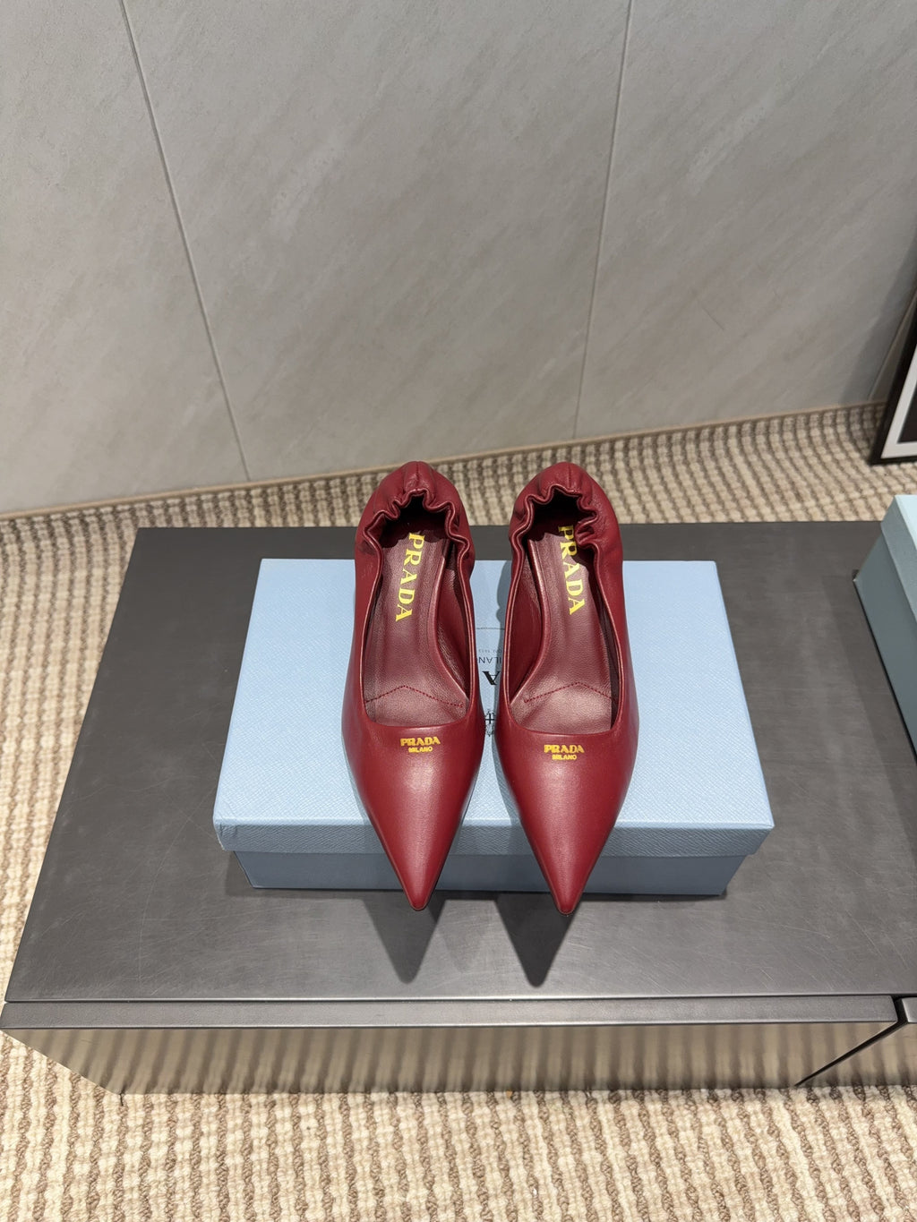 PRADA 26S POINTED TOE PUMPS 55MM IN DEEP WINE RED SHEEPSKIN