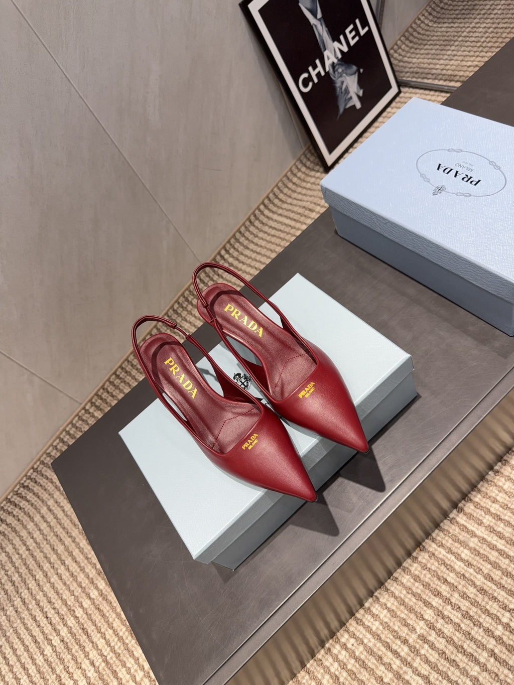 PRADA 26S POINTED TOE SLINGBACK HIGH HEELS 55MM IN DARK RED SHEEPSKIN