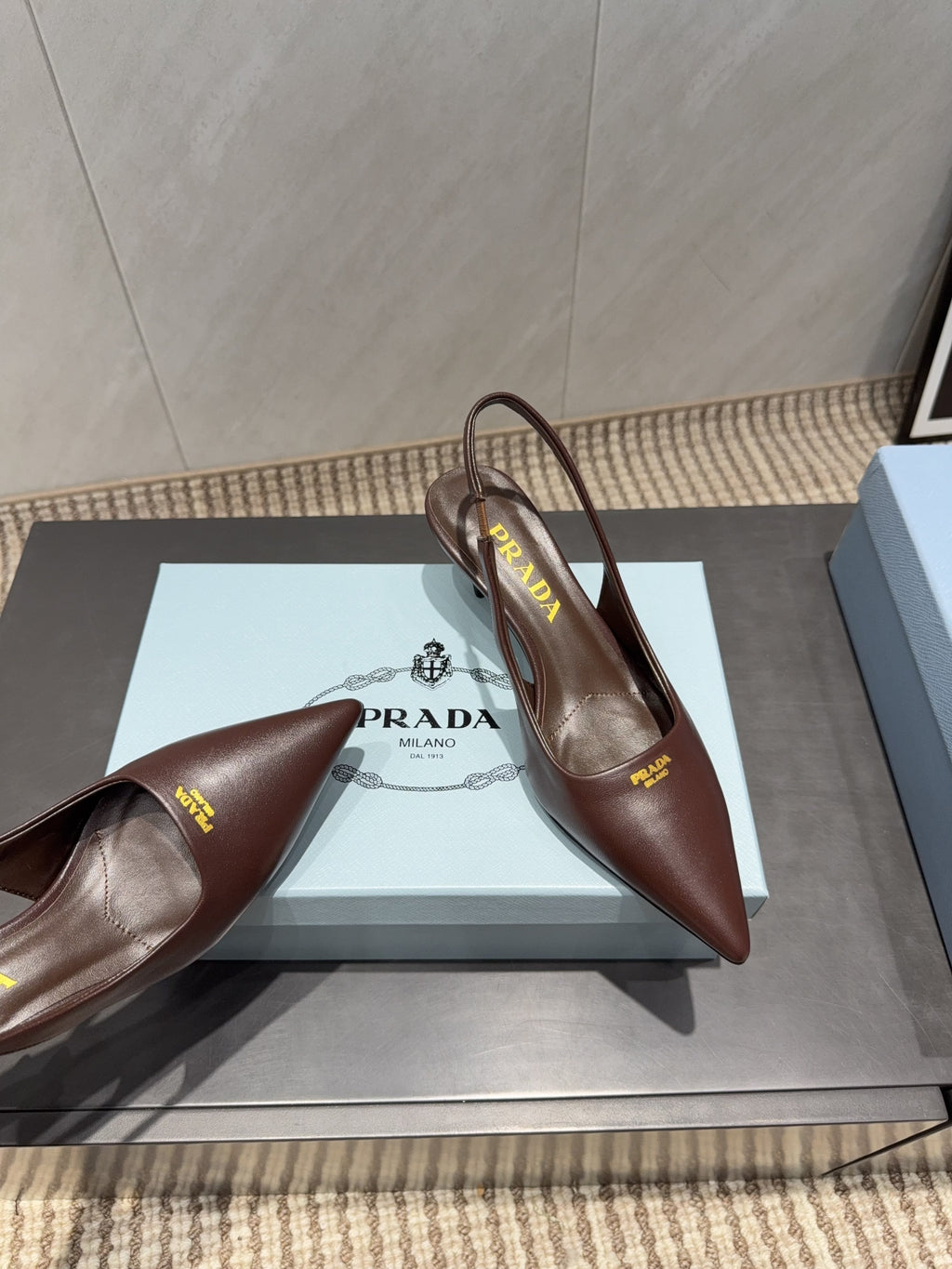 PRADA 26S POINTED TOE SLINGBACK HIGH HEELS 55MM IN DARK BROWN SHEEPSKIN