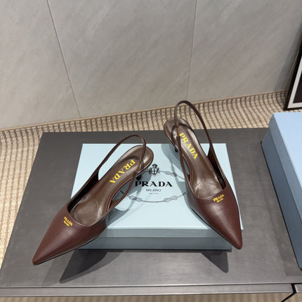 PRADA 26S POINTED TOE SLINGBACK HIGH HEELS 55MM IN DARK BROWN SHEEPSKIN