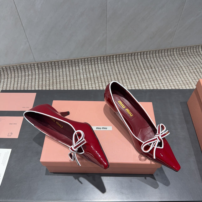 MIUMIU 26S POINTED TOE PUMPS 55MM IN DARK RED CALFSKIN WITH BOW