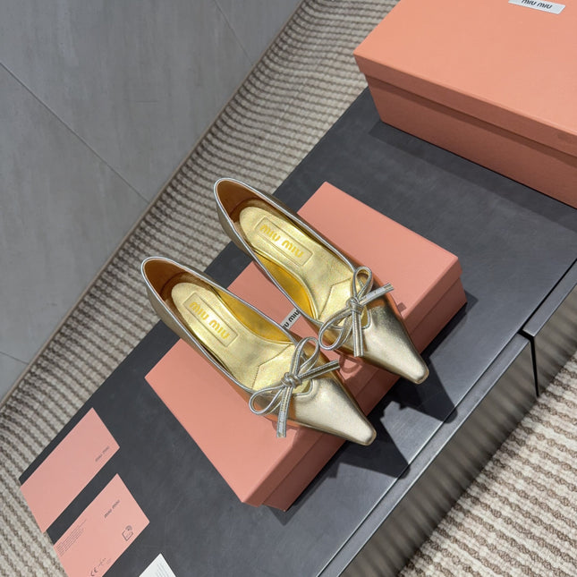 MIUMIU 26S POINTED TOE PUMPS 55MM IN GOLD CALFSKIN WITH BOW