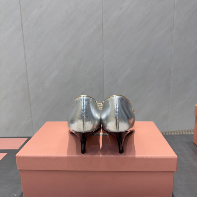 MIUMIU 26S POINTED TOE PUMPS 55MM IN SILVER CALFSKIN WITH BOW