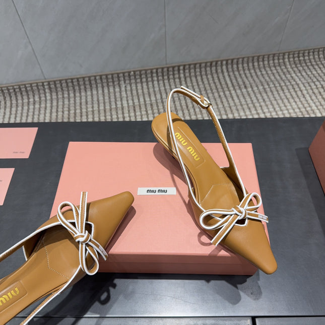 MIUMIU 26S SLINGBACK 55MM IN CARAMEL BROWN CALFSKIN WITH BOW