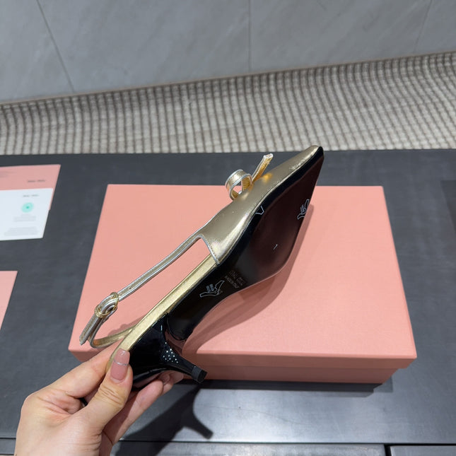 MIUMIU 26S SLINGBACK 55MM IN GOLD CALFSKIN WITH BOW