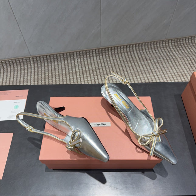MIUMIU 26S SLINGBACK 55MM IN SILVER CALFSKIN WITH BOW