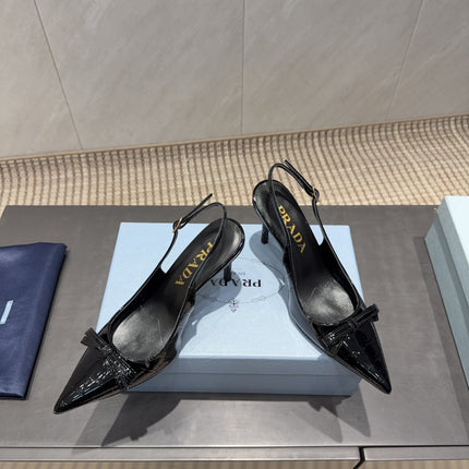 PRADA 26S POINTED TOE SLINGBACK HIGH HEELS 85MM IN BLACK CALFSKIN WITH BOW
