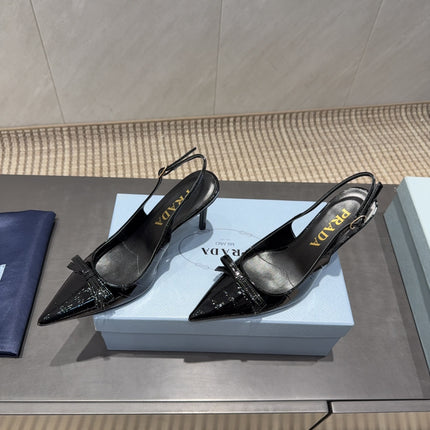 PRADA 26S POINTED TOE SLINGBACK HIGH HEELS 85MM IN BLACK CALFSKIN WITH BOW