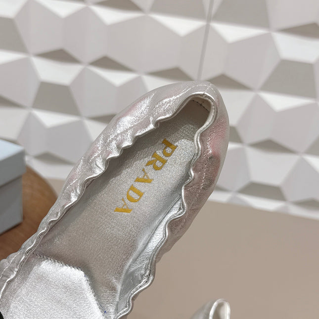 PRADA 26S ROUND TOE FLATS WITH BOW IN SILVER CALFSKIN