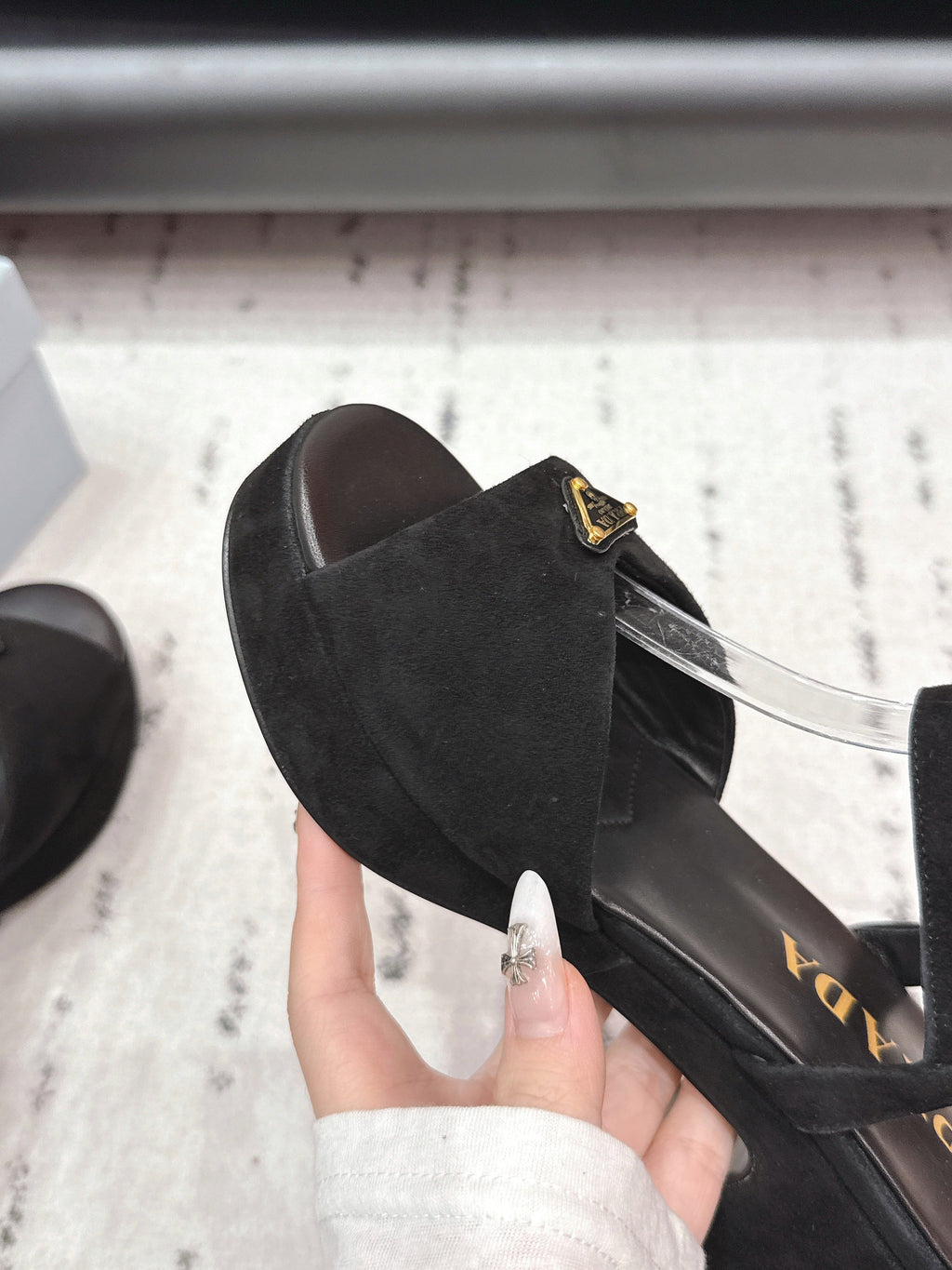 PRADA 26S HEELED SANDALS 75MM IN BLACK SUEDE WITH LOGO