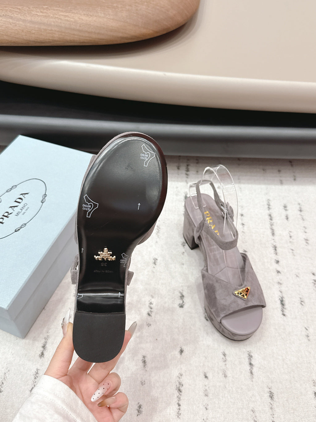 PRADA 26S HEELED SANDALS 75MM IN TAUPE BROWN SUEDE WITH LOGO