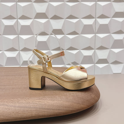 PRADA 26S HEELED SANDALS 75MM IN GOLD CALFSKIN WITH LOGO
