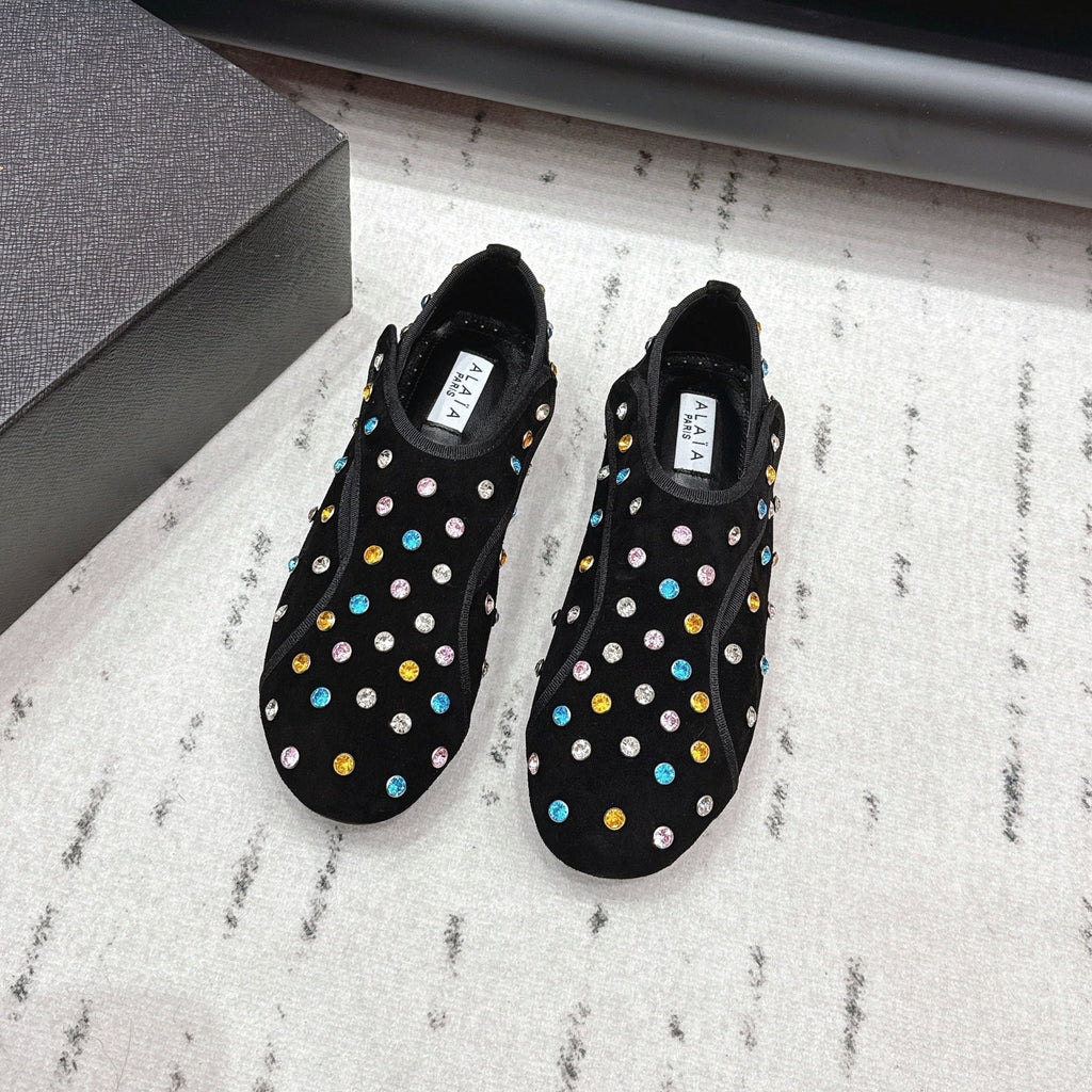 ALAIA 26S EMBELLISHED FLATS IN BLACK SUEDE