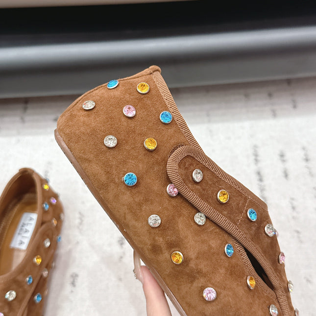 ALAIA 26S EMBELLISHED FLATS IN LIGHT BROWN SUEDE