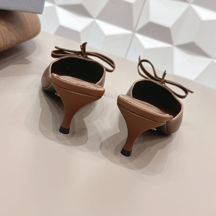 PRADA 26S POINTED TOE LACE TRIM MULES 55MM IN BROWN CALFSKIN WITH BOW