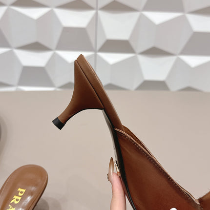 PRADA 26S POINTED TOE LACE TRIM MULES 55MM IN CARAMEL BROWN CALFSKIN